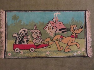 VINTAGE ORIGINAL WALT DISNEY PLUTO THUMPER FLOWER THROW RUG/CARPET  21 x 36 IN