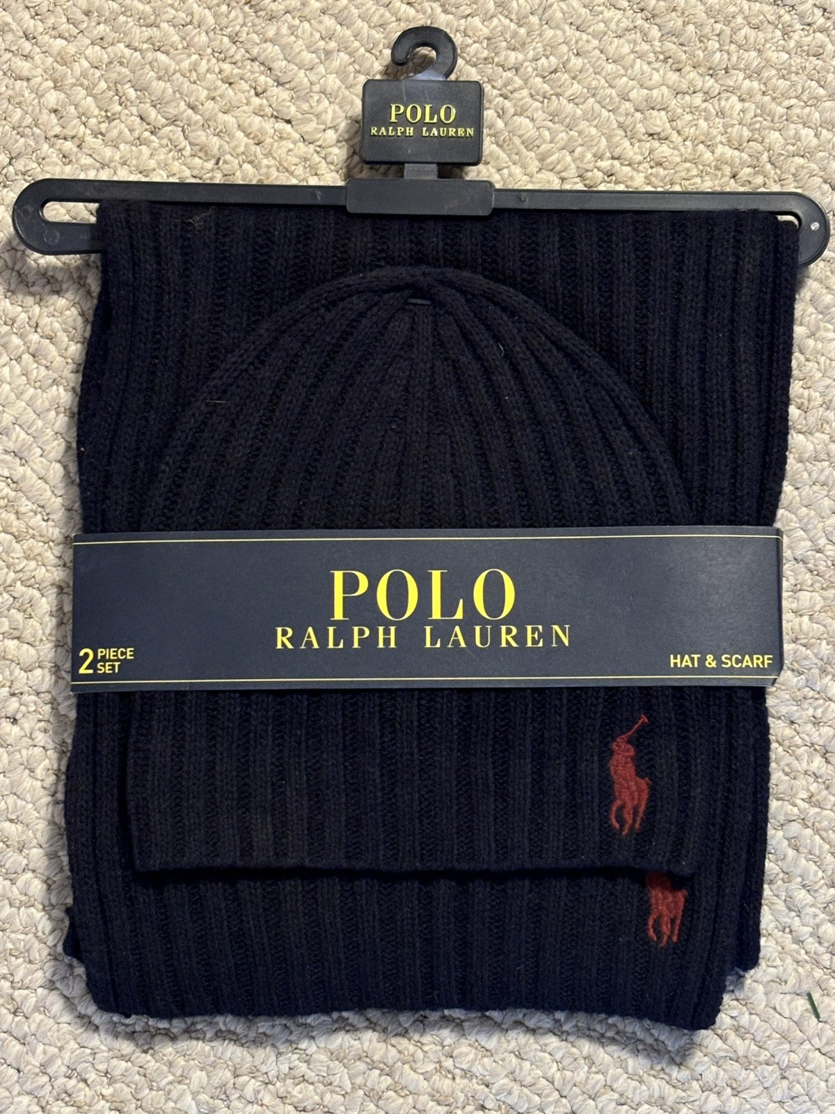 Set cappello e sciarpa Polo Ralph Lauren blu misto lana rosso pony set regalo 2 pezzi