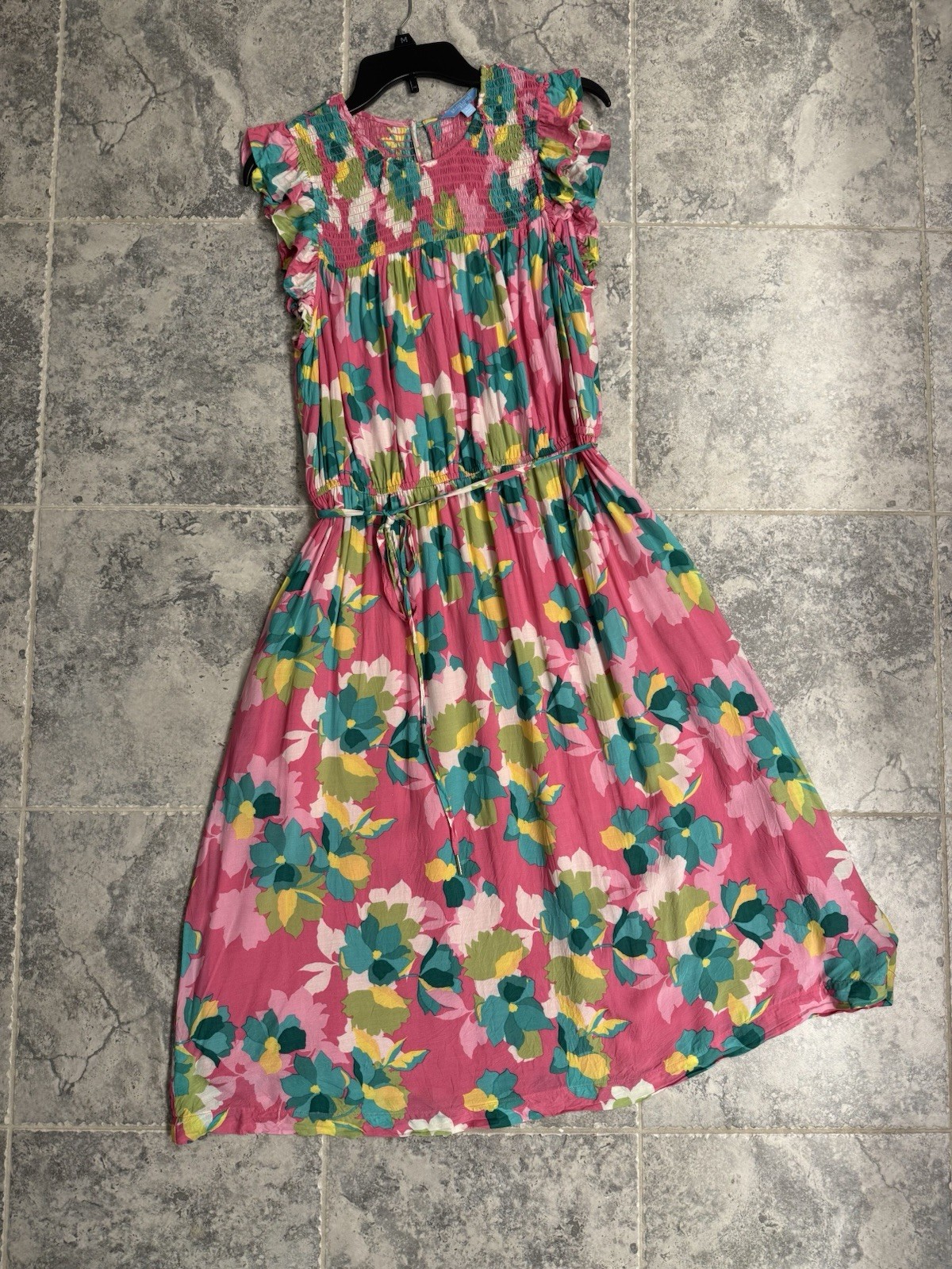 Draper James Smocked Ruffle Pink Floral Midi Dress Women’s Size Large