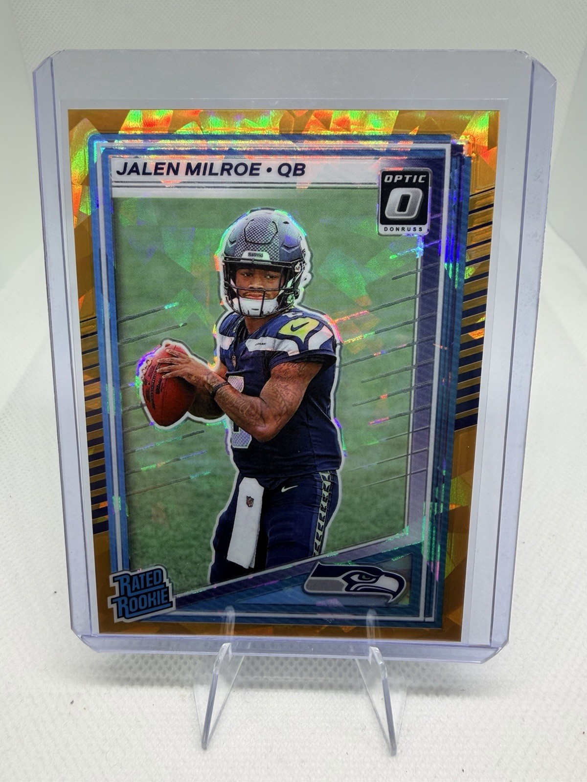 2025 Donruss Jalen Milroe Rated Rookie Optic Preview Gold Ice 1/10 Seahawks RC