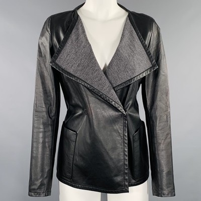 AKRIS Größe 4 Schwarze Wolle Lammleder Lederjacke Mit Druckknöpfen