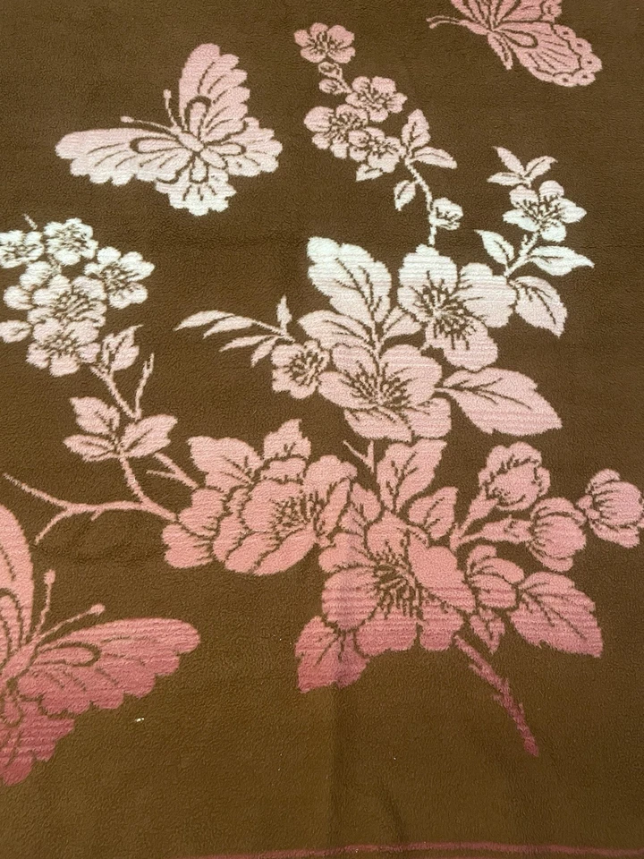 Ibena Dolan Butterfly Floral Blanket Pink Brown  Reversible Acrylic Blend TWIN - Image 2 of 4