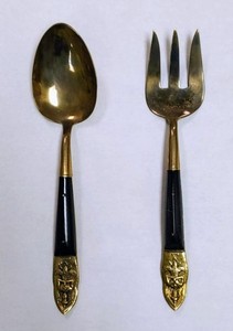 VINTAGE SIAM FLATWARE BRASS BUDDHA SET SERVING FORK & SPOON WOOD HANDLES 9” Case