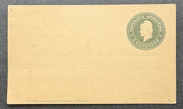 1896 REPUBLICA ARGENTINA 4C GREY GREEN EMBOSSED VICTORIA UNUSED VF COND
