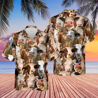Hawaiian Cow Shirt, Herd Of Hereford All Over Printed 3D Hawaiian Shirt, Animal 