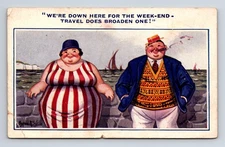 Donald McGill Artist signed Travel Broadens Weight Gain Postcard