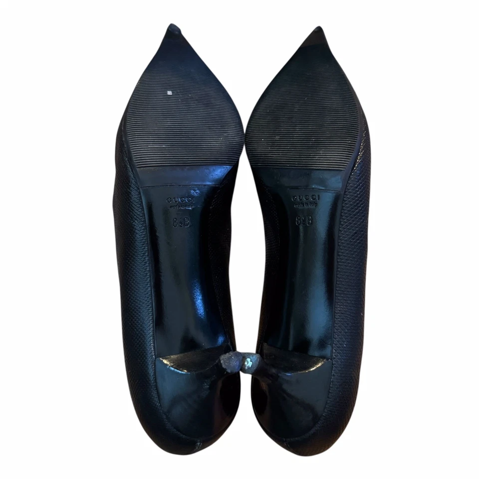 Винтажные черные кожаные туфли-лодочки Gucci на котятином каблуке 8,5, экзотическая кожа ящерица - Изображение 4 из 4