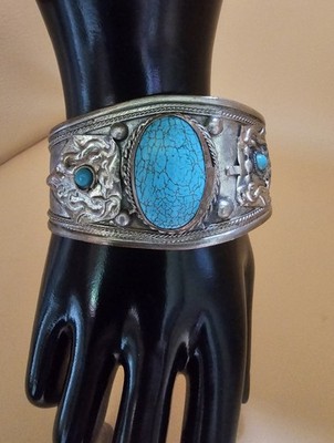 Artisan Turquoise Composite Cuff Bracelet   Mixed Metal Tibetan Style Statement