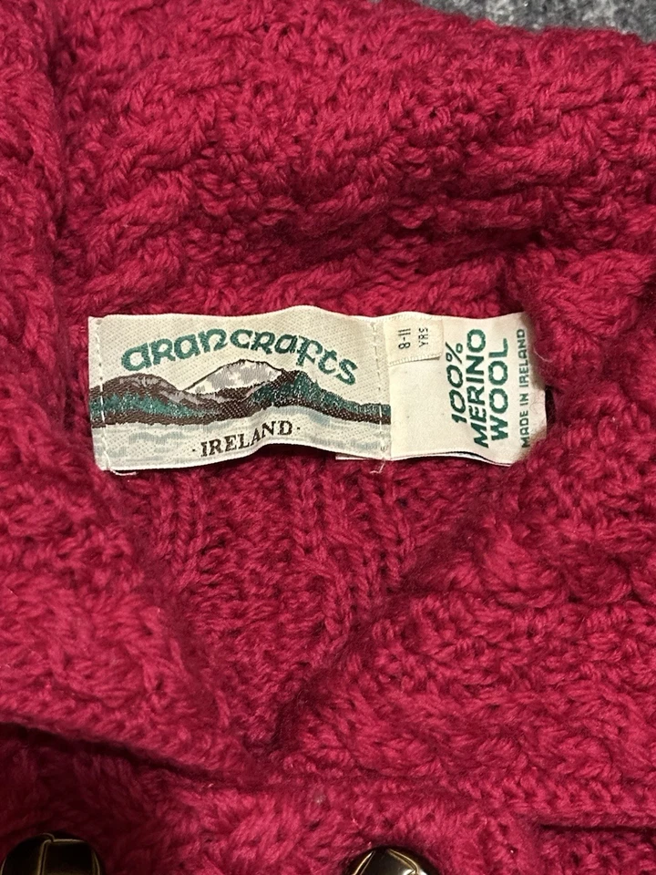 "Cárdigan suéter largo vintage Aran Crafts Ireland 100 % lana merino rojo 16""x26""" Foto 3 de 4