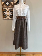 Vintage Ralph Lauren Brown Tweed Button-Front Pleated Flared Wool Skirt sz 4