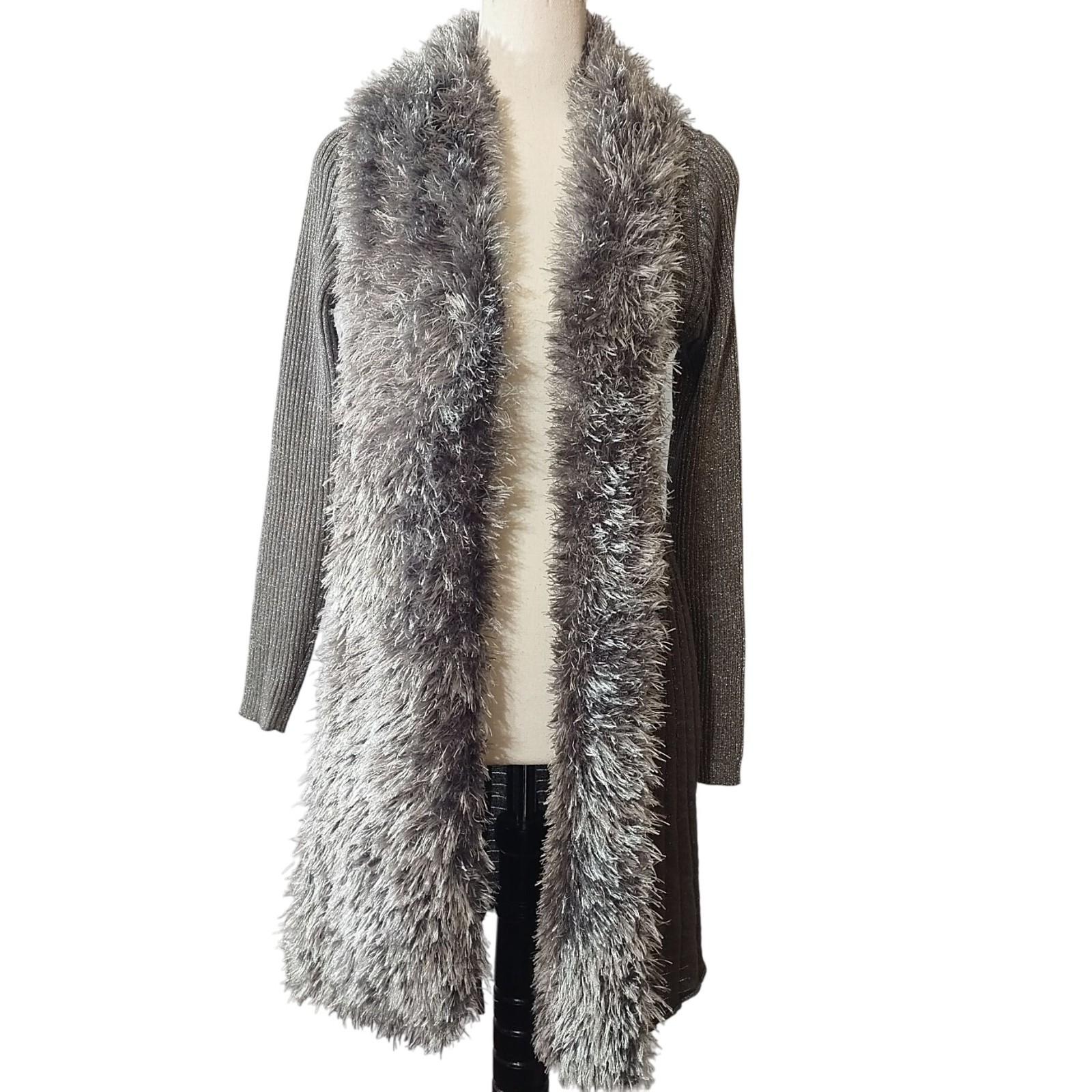 Lauren Michelle Metallic Knit Long Cardigan With Faux Fur Collar Womens S Silver