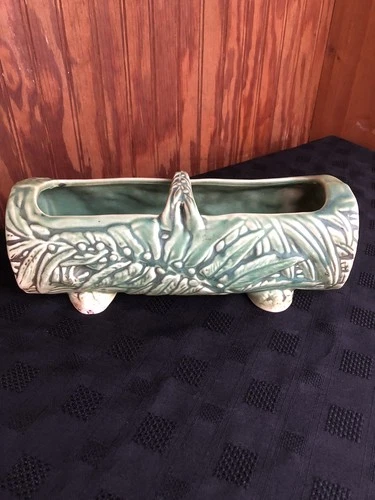 Weller Woodcraft 1920s Art Pottery Rustic Leaf Log Shaped Footed Planter 12.25"