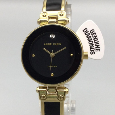 Anne Klein Womens Diamond Accent 28mm Black Dial Gold Tone New Battery 6.75''