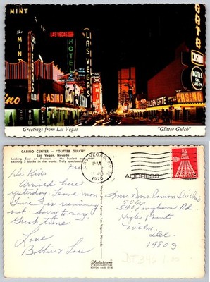 Vintage Las Vegas Glitter Gulch Postcard 1979 Fremont Street Neon Night