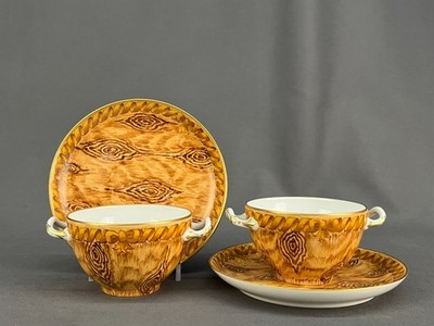 2 Le Tallec for Ronald James Porcelain FAUX BOIS Bouillon Cup & Saucer Sets MINT