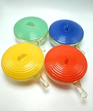 Vintage Art Deco Glassbake Bowls w Lids Shark Fin Tab Handle Set of Four