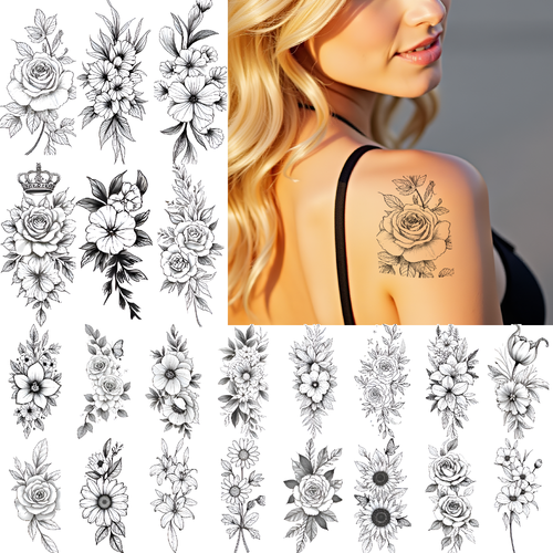 9pcs Temporary Tattoo Temporary Tattoo Stickers Floral Tattoos For Ladies Arms - Picture 5 of 15