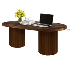 Farmhouse Coffee Table, Ellipse 47 in Wood Modern Center Accent Table, Mid Ce...