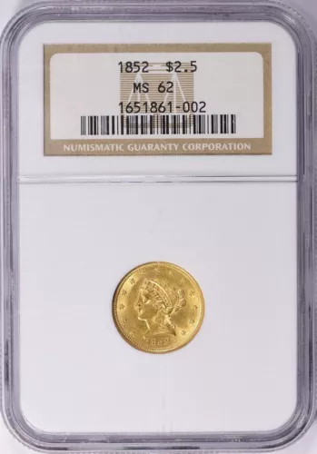 1852  LIBERTY HEAD $2.5 QUARTER EAGLE GOLD NGC MS62