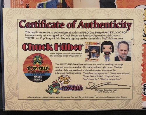 Chuck Huber Firmado Autografiado Funko Pop Android 17 Dragon Ball Z - Imagen 7 de 7