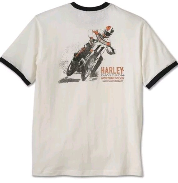 ★Harley Davidson★ Neon Harley Ringer Tee Shirt White HH151 Harley-Davidson Men's 120th Anniversary White Ringer Short