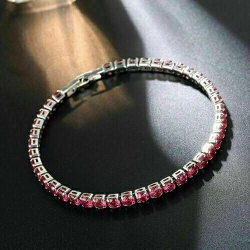 Round Cut Certified Natural Red Ruby Women's Tennis Bracelet 14K White Gold - Image 2 of 4
