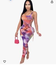 Women's Sleeveless Lace Up Printed Bodycon Split Sexy Nightclub Party Dress S