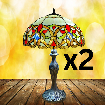 2 Tiffany 16 Zoll Stil Tischlampe Buntglas Handarbeit Wohnzimmer Schlafzimmer