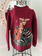Vtg 90  s handknit zoo theme sweater small wool Giraffe Zebra Red Jungle