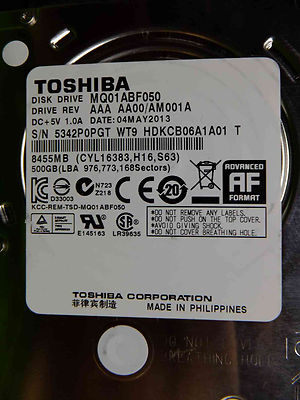 500 GB Toshiba  MQ01ABF050 AAA AA00/AM001A | 04 MAY 2013 HDKCB06A1 T