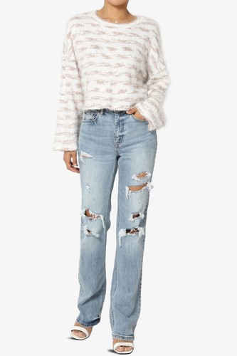 TheMogan Cozy Fuzzy Stripe Boxy Crop Sweater Top Soft Knit Long Sleeve Jumper - Picture 38 of 44