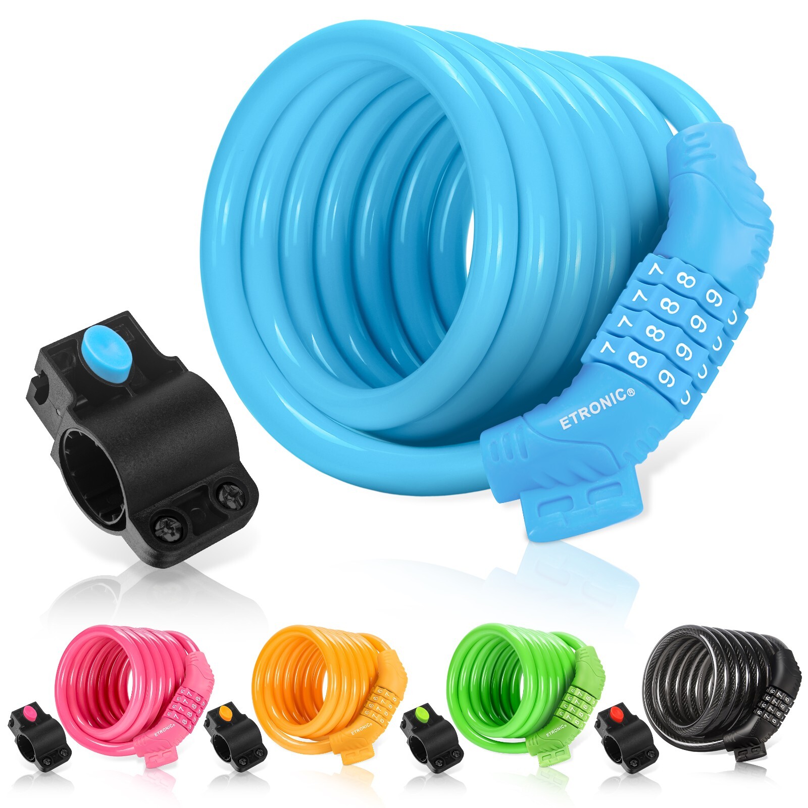 ETRONIC 6 ft. Bike Lock Cable - Resettable Combo, Anti-Theft Security (Blue)