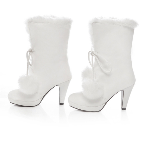 Women's Chic Mid Calf High Heel Lace-up Fur Warm Winter Ankle Boots Shoes Sweet - Bild 2 von 13