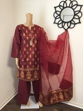Ethnic Pakistani Indian Trendy Gold Block printed Salwar Kameez Medium 3pc