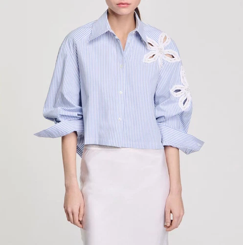 Damen Sandro Kragen gestreift Perlen Langarm Bluse Top - Bild 2 von 6