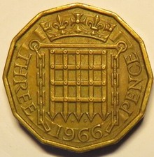 GB coin- 1966 Brass threepence in a Fine+ grade