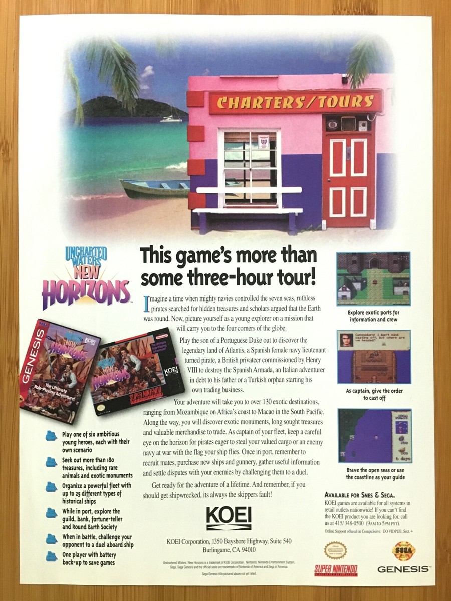 Uncharted Waters: New Horizons SNES Genesis 1994 Print Ad/Poster