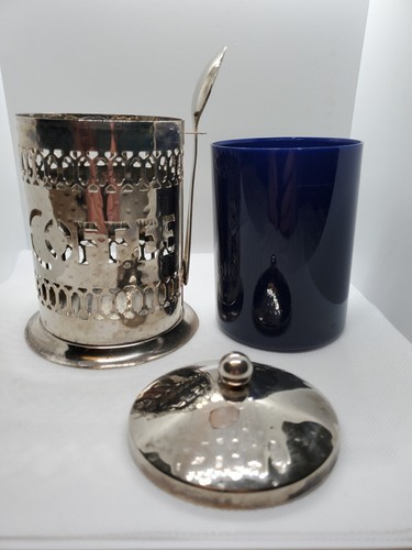Contenitore da caffè vintage in filigrana placcato argento con inserto in plastica blu e cucchiaio - Foto 6 di 12