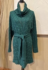 Fate Sz S Green Open Knit Turtleneck Belted Acrylic Cotton Sweater Dress