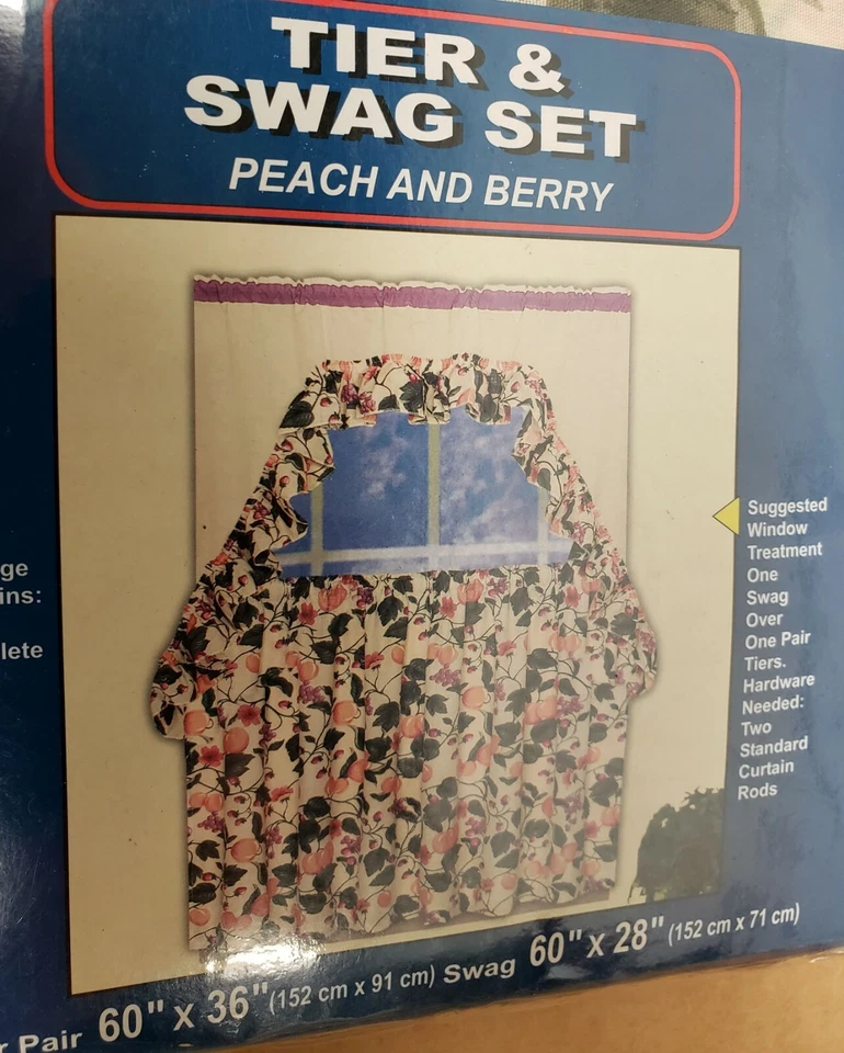 Juego de cortinas de cocina: 2 niveles (60"x36") y swag (60"x28") melocotón y bayas, UBI Foto 3 de 4