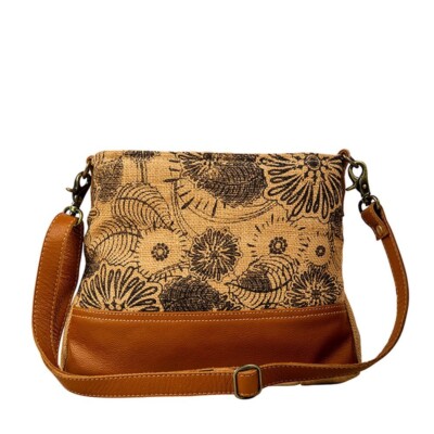 Western Style Leather & Canvas Crossbody Bag For Women - Tribal Rug Pattern Shoulder Purse