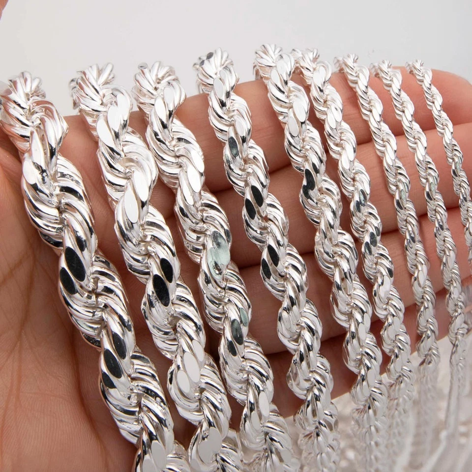 Collar CADENA CUERDA CORTE DIAMANTE Italiano Plata de Ley 925 Todos los Tamaños - UNISEX Foto 2 de 4