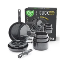 GreenLife 10 Piece Nonstick Pots & Pans Set, Detachable Handle & St... Fast Ship