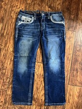 Rock Revival Straight Fit Blue Denim Jeans Embroidered Distressed Pockets Men