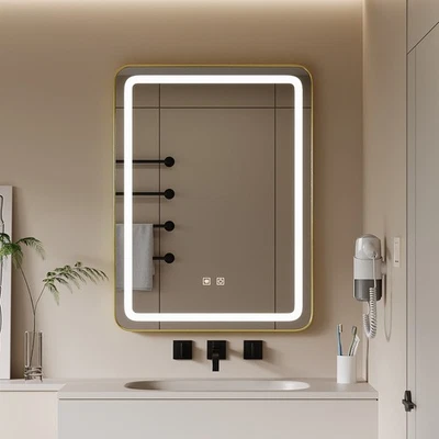 HOME-VALUE Modern Illuminated Bathroom Mirror w/ LED Lights Wall Mounted Demister Lighting
