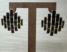 Pair Back Enamel and Gold Metal Earrings