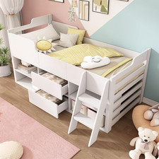 Cabin Bed Frame 3ft Single Mid Sleeper Kids Bed with Storage Drawers White