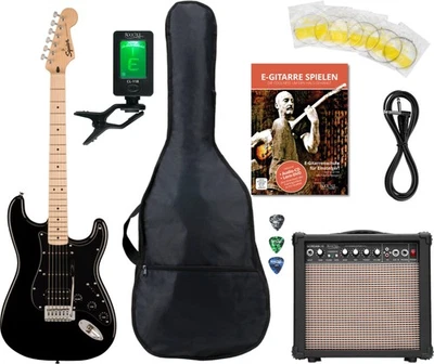 Squier by Fender Sonic Stratocaster Black Gloss HSS Starter Set Zubehör Amp 15W - Bild 1 von 4