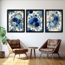 Blue Hydrangea & Rose Wall Art Set of 3 Prints Elegant Botanical Floral Artwork