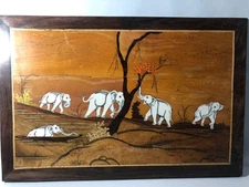 Rosewood Marquetry Inlaid Wood Elephant Wall Hanging
